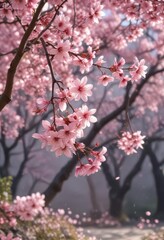 Obraz premium Pink sakura petals swirling in the wind against a blurred background, petal dance, dancing petals, seasonal change