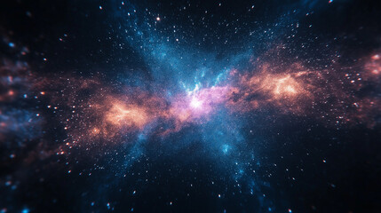 Naklejka premium Cosmic Nebula: A mesmerizing display of swirling gas and dust in vibrant hues of blue, orange, and pink, with twinkling stars scattered throughout the deep cosmic expanse.