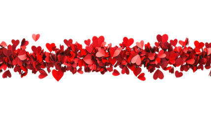 Red paper hearts garland on transparent background for valentine's day decoration