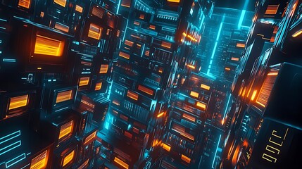 Futuristic server room, data flow, digital technology