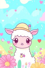 Naklejka premium Cute Llama in Flower Meadow Pastel Colors Kawaii Animal Illustration