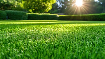 Fototapeta premium Lush Green Lawn under Bright Sunlight Close up of lush green grass blades under bright sunlight, showcasing the vibrant color and texture, ideal for a nature or gardening visual
