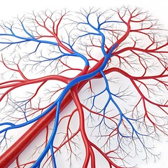 A detailed view of interconnected blood vessels branching out in a vibrant red and blue network 