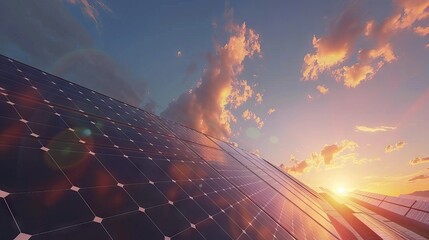 solar cell panel with sky and sunset. clean energy in nature concept. AI generated illustration