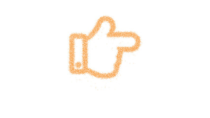 Icon hand point right is made of yellow grains of sand. Some grains of sand fall down. Transparent background. Black