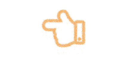 Icon hand point left is made of yellow grains of sand. Some grains of sand fall down. Transparent background. Black