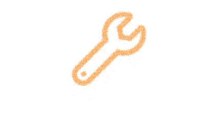 Icon wrench is made of yellow grains of sand. Some grains of sand fall down. Transparent background. Black