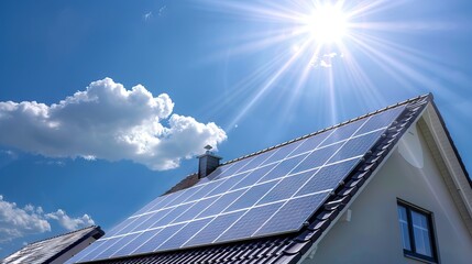 Photovoltaic panels on the roof . Roof Of Solar Panels. View of solar panels (solar cell) in the roof house with sunlight. AI generated illustration
