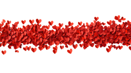 Many red paper hearts are floating on transparent background