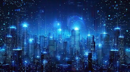 Abstract City Skyline Glowing with Digital Lights. AI generated illustration.