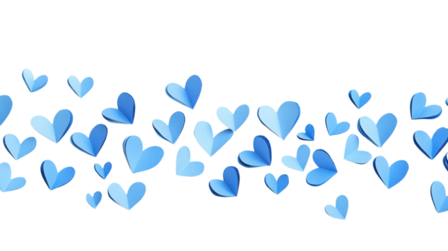 Blue paper hearts floating on transparent background