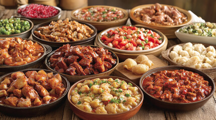 Asian cuisine dinner icon with pork noodle, lamb stew with tomato and pepper, spicy pork ribs, shrimp dumplings, fried meat with potato, pomegranate sauce, meat chickpea stew, custard dessert