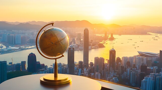 Globe overlooking Hong Kong skyline at sunrise - Powered by Adobe