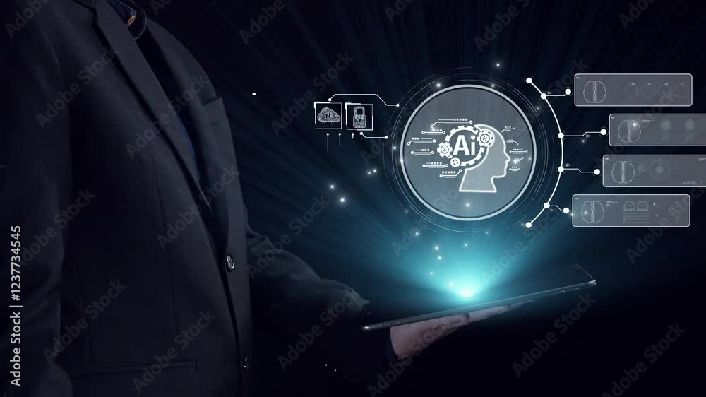 Poster human interact with ai artificial intelligence brain processor in concept of ai artificial intellige