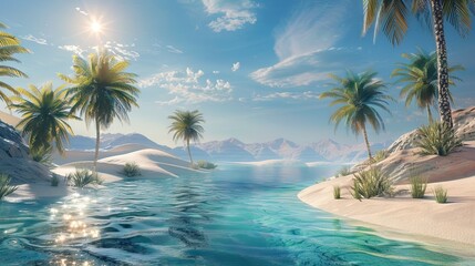 Desert Oasis with Palm Trees, Crystal-Clear Pool, and Sand Dunes Under a Scorching Sun. AI generated illustration.