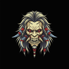 Ferocious Skull Warrior Gnarled Face, Tribal Tusks, Dark Art