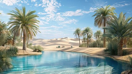 Desert Oasis with Palm Trees, Crystal-Clear Pool, and Sand Dunes Under a Scorching Sun. AI generated illustration.