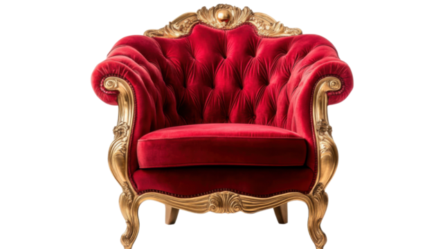 Luxurious red velvet armchair with ornate gold detailing
