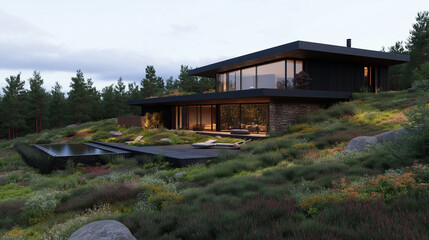 Obraz premium Modern Architecture in the Pines: A stunning contemporary home nestled amongst the verdant pines, boasting sleek lines, large windows, and an expansive patio with an infinity pool.