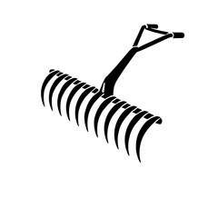 Landscape Rake Icon: A detailed illustration of a landscape rake, perfect for gardening, landscaping, and agriculture contexts.  The black silhouette is set against a clean background.