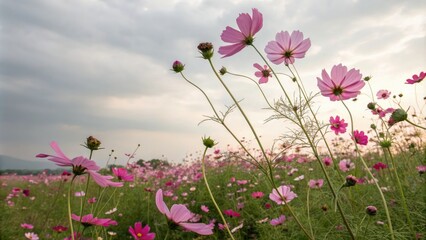 Fototapeta premium Serene field of cosmos flowers swaying gently in the breeze, field of gold, colorful blooms, serene landscape, floral fields