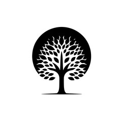 Silhouette of a Tree: A minimalist, artistic silhouette of a tree with intricate branches and leaves, framed in a circular shape, symbolizing life, growth, and nature.  