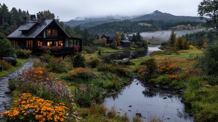 Naklejka premium Autumn mountain homes, river, garden