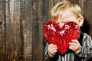 Commercial marketing idea. Sign of love. Ð¡hildren valentine's day greeting card: toddler boy with dejected face holds red heart in hands. Family with kids on valentine's. Love story concept.