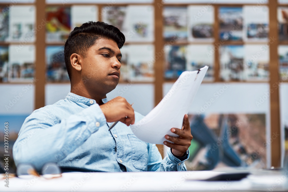 Poster man, architect and reading paperwork in office for architecture design, floor plan and project repor