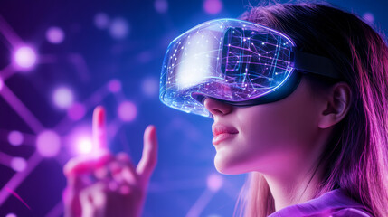Woman in futuristic costume. Female in modern VR glasses interacting with network while having virtual reality experience. Augmented reality game, future technology, AI concept. VR. Neon purple light.