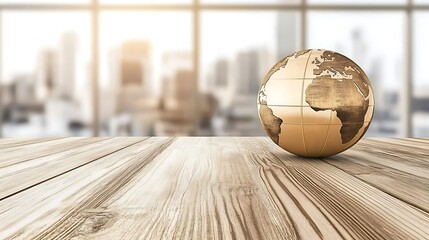 Golden globe on wooden table with city view background
