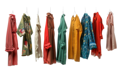 Colorful clothes hanging on hangers with transparent background