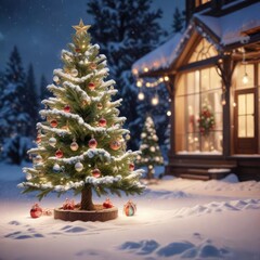 Snow-covered Christmas tree with ornaments and lights, christmas lighting, holiday plants, tree ornaments