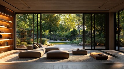 Fototapeta premium Serene Modern Living Space with Expansive Garden Views