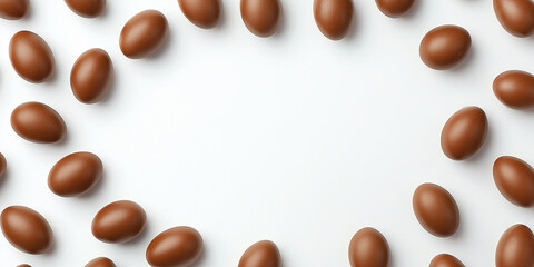 Fototapeta premium Draufsicht auf einen Osterrahmen aus Schokoladeneiern mit Platz für Text in der Mitte. Osterkarte - Werbebanner -Karte - Werbeschild