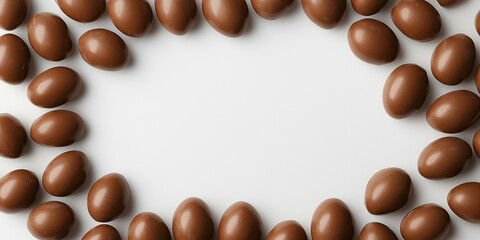 Draufsicht auf einen Osterrahmen aus Schokoladeneiern mit Platz f&uuml;r Text in der Mitte. Osterkarte - Werbebanner -Karte - Werbeschild
