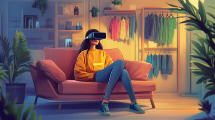 Obraz premium Young Woman Using Virtual Reality Headset At Home, Sitting on a Couch, Shopping Online via VR Clothing Store. Evening Resting at Apartment, Choosing New Look. Over the Shoulder