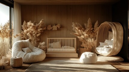 Modern nursery, boho decor, sunlight, crib, relaxation