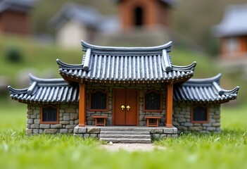 Fototapeta premium Miniature Asian style dwelling nestled in vibrant green grass, charmingly detailed