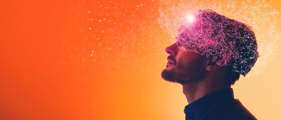 Man with a creative mind illuminated by colorful sparks