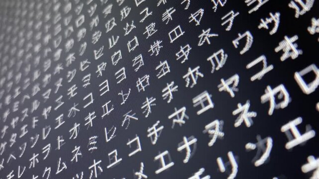 コンピュータ空間のランダムな文字列・さまざまな文字を含むデータベース・エンコードされたプログラム内のデータセット・数学的計算・大規模言語モデル・機械翻訳・カタカナ・日本語・横長・ビデオ