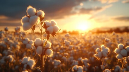 Sunset over cotton field, ripe bolls, harvest