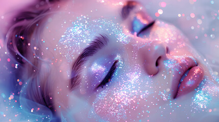 ethereal dream of pastel pink and blue, with iridescent glitter shining across the skin like stars in space, creating an otherworldly effect