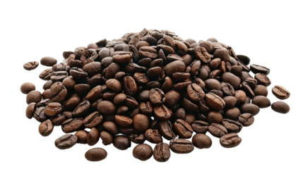 Roasted coffee beans piled up on transparent background