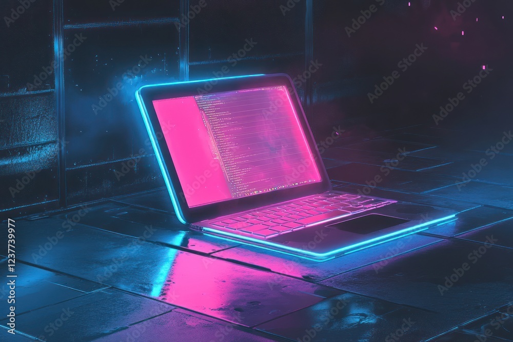 Poster neon-lit laptop on reflective surface with coding in background
