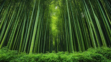 Fototapeta premium Serene Bamboo Forest Path, Japan. Nature Background, Travel Poster