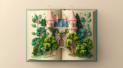 open blank book with an illustration of a fairytale castle in front, surrounded by ivy and thorny vines, with green trees on top of it.