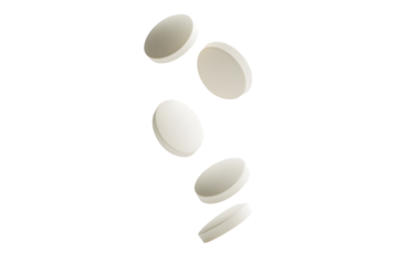 Round white milk tablets floating in mid-air isolated on cut out PNG or transparent background. Smooth texture and creamy color. Health and dietary product. Vitamins and calcium nourish body.