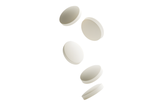 Round white milk tablets floating in mid-air isolated on cut out PNG or transparent background. Smooth texture and creamy color. Health and dietary product. Vitamins and calcium nourish body.