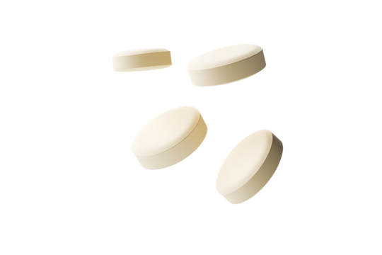 Round white milk tablets floating in mid-air isolated on cut out PNG or transparent background. Smooth texture and creamy color. Health and dietary product. Vitamins and calcium nourish body.